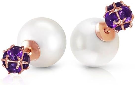 Galaxy Gold GG 14K Solid Gold Shell Pearl and Amethyst Stud Earrings for Women, Fine Jewelry