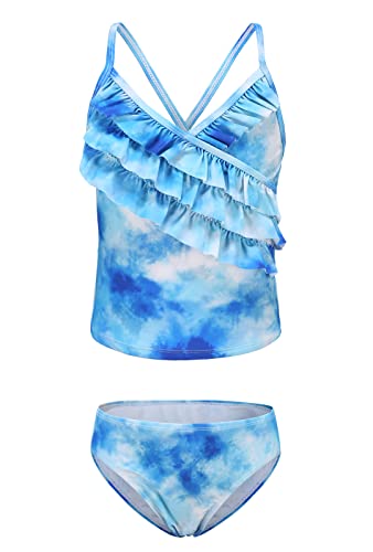 Big Girls Tankini Swimsuits Two Piece Bathing Suit Hawaiian Tie Dye Swimwear Set for Girls Blue Size 16/14-16 Years