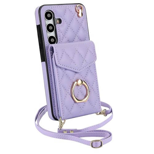 for Samsung Galaxy S24 Wallet Case with Ring,High Stylish Luxury Leather Accordion Card Holder,Anti-Drop Lanyard,Multi-Functional Ring Stand,Protective Leather Case.(Purple) Purple Samsung G