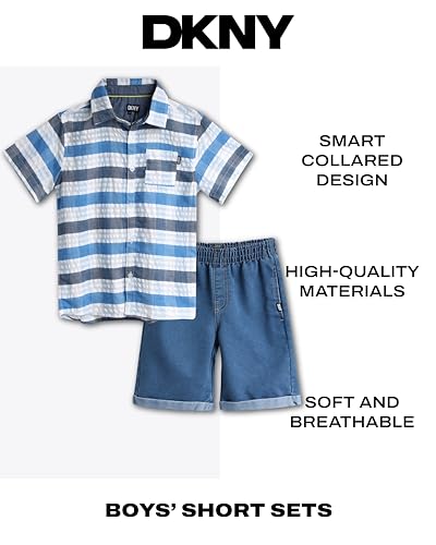 Image of DKNY Boys' Shorts Set - 2 Piece Short Sleeve Collared Button Down Shirt and Stretch Denim Shorts for Boys (Sizes: 8-12)