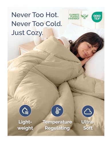 Image of Queen Size, Beige Alternative Down Comforter - Warm, Lightweight & Breathable Hotel Quality Bedding Set for Men, Women, Kids & Teens - All Season Oversized Cooling Microfiber Duvet Insert Comforter