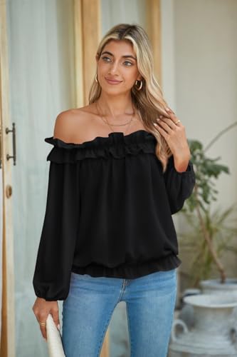 Womens Casual Off Shoulder Tops Long Sleeve Ruffle Flowy Chiffon Blouses Shirts2