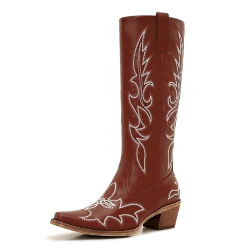 Image of Uillnoodu Women's Turquoise Cowgirl Boots - Wide Calf Mid Calf Western Boots Plus Size Embroidered Cowboy Style with Block Heel