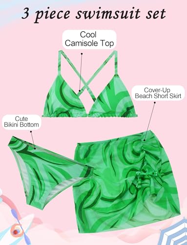 Image of Girls 3 Piece Swimsuit Summer Hawaiian Bikini Set with Beach Cover Up Skirt Bathing Suit Swimwear 8-15 Years