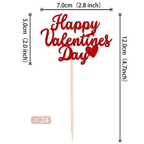 24 Pcs Happy Valentine's Day Cupcake Toppers Glitter Sweet Love Be Mine Valentines Cupcake Picks Valentine's Day Theme Birthday Party Cake Decorations Supplies Red #TOP1