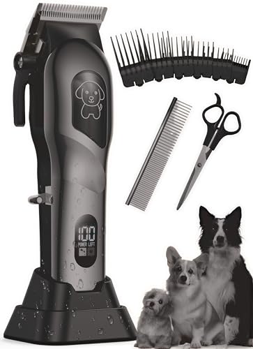 Dog Grooming Kit, Dog Clippers for Grooming for Heavy Thick Hair, Low Noise Cordless Pet Hair Trimmer with Stainless Steel Blade, Professional Rechargeable Hair Trimmer for Dogs and Cats Black