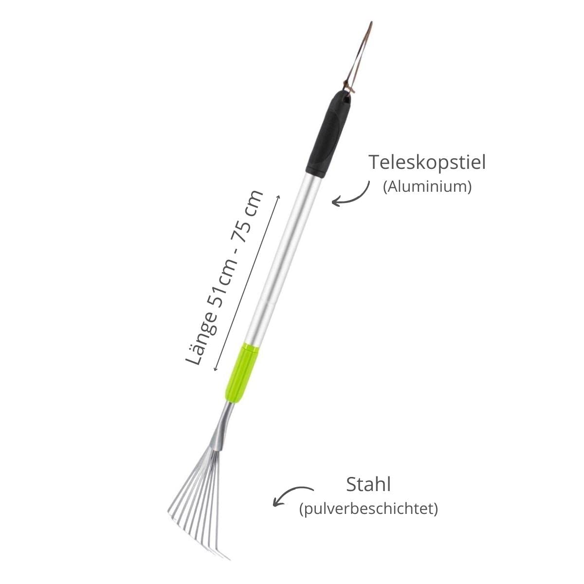 Record Kleine veger (staal, gepoedercoat), telescoopsteel, lengte tot 76 cm, met antislipgreep en ophanggat, hark, hark, vakkenbezem, kleine hark, bladhark, loofbreken, tuinhark