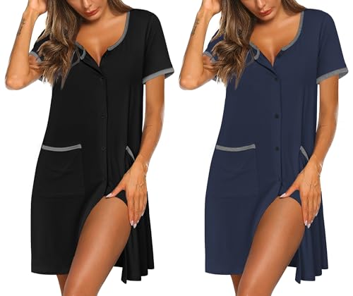 Image of Ekouaer Nightgowns for Women 2 Pack Button Down Sleep Shirts Short Sleeve Nightshirt Sleepwear House Dress with Pockets