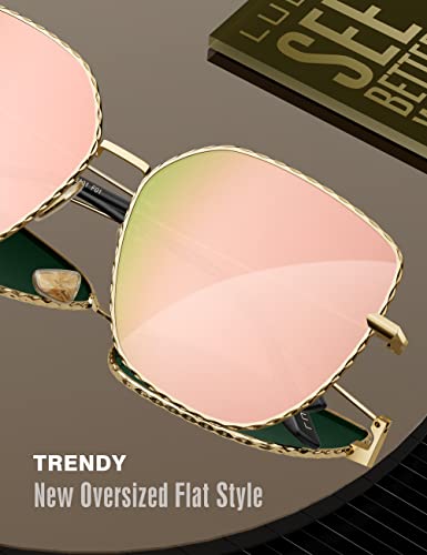 Image of LUENX Square Sunglasses for Women Oversized-Trendy Polygon Flat Three dimensional Rhombic Loop Wire Frame PC Lens, Gold Frame /Mirrored Pink Lens,