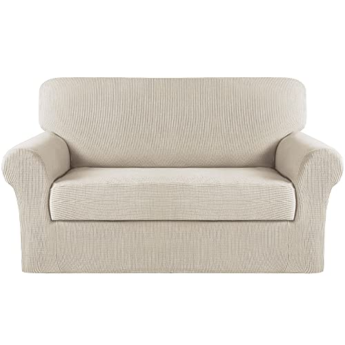 Image of Turquoize Stretch Sofa Slipcover 2 Pieces Sofa Cover Couch Cover for 2 Cushion Couch Washable Furniture Protector Covers with Elastic Bottom Feature Thick Jacquard Fabric (Loveseat, Island Fossi)