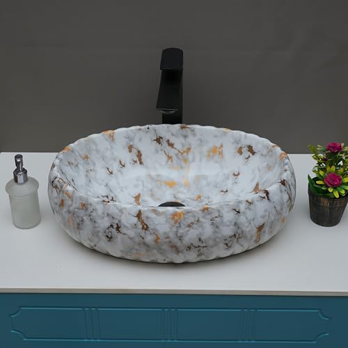 Image of Designer Glossy Finish Table Top Ceramic Wash Basin Vessel Sink | Collapsible Wash Basin (White-Gold - 20 x 14 x 5.5 Inch)