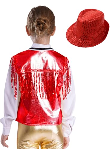 Girls Boys Ballroom Jazz Hip-Hop Dance Outfits Shiny Sparkle Sequins Jacket Vest Tops with Hat Sleeveless2