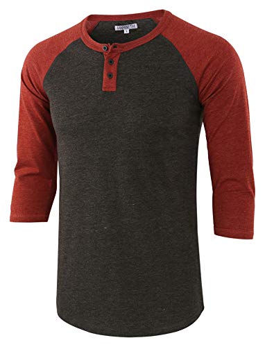 HARBETH Men's Casual Fashion 3/4 Raglan Sleeve Active Baseball Henley Tee Shirt H.Charcoal/Rusty XL