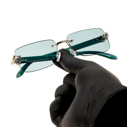 Street Knitted Luxury Silver Frame Unisex Rectangular Rimless Turquoise Tint Lens Retro 90's Stylish Leopard Head Hip Hop Sun Glasses Frameless Square Buffs Summer Shades Sunglasses For Men And Women4
