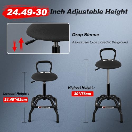 Image of Garage Stool, Adjustable Height Swivel Work Mechanic Shop Stool with Backrest, Pneumatic Shop Chair for Home, Workshop, 300 LBS Capacity, 360 Rotation, Heavy Duty, Black