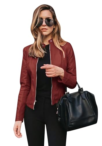 TYQQU Femmes Blouson En Faux Cuir Zippé Bombardier Mode Veste Courte Vin Rouge XXL