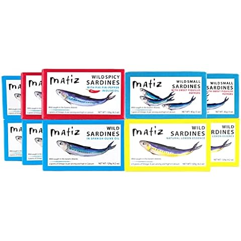 Matiz Sardines Variety Pack, Wild Caught Spanish Waters | 10 Tins | In Olive Oil, Sweet Piquillo Pepper, Spicy Piri Piri Pepper and Lemon Essence Cover