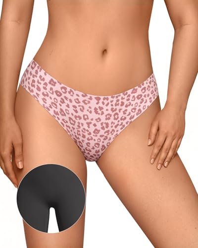 Image of OEAK Seamless Thongs for Women Invisible Thongs No Show Thong Panty Liners Tangas Comfortable Workout G-Strings Underwear Leopard Pink XS
