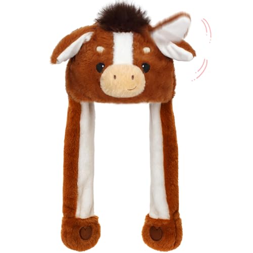 Deletoys Animal Hat Ears Moving Jumping Pop Up Beating Funny Hat Plush Cap Crazy Hats Cosplay Party Dress Up Gift for Kids & Adults (Horse)