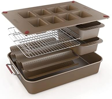 Elbee Home 8-Piece Nonstick Space Saving Bread Baking Pan Set - Includes Large Roasting Pan - Bread Loaf Pan - Baguette Pan - Cooling Rack - 8-Cavity Mini Loaf Pan Aluminized Steel - PFOA & PFOS Free