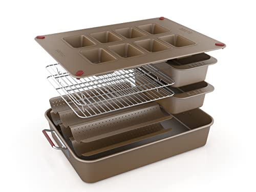 Elbee Home 8-Piece Nonstick Space Saving Bread Baking Pan Set - Includes Large Roasting Pan - Bread Loaf Pan - Baguette Pan - Cooling Rack - 8-Cavity Mini Loaf Pan Aluminized Steel - Pfoa & Pfos Free #TOP8