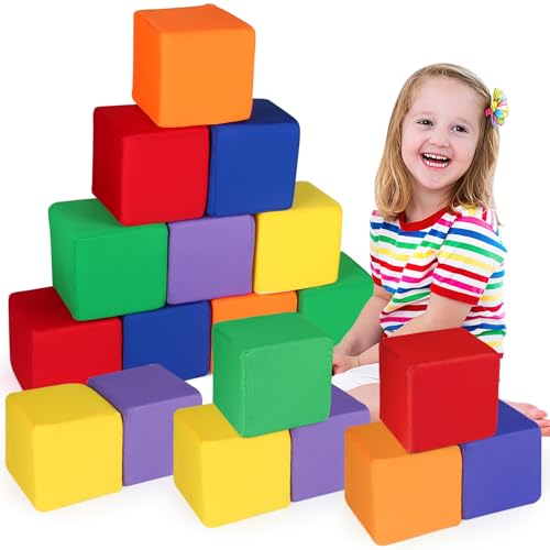 UHAPPYEE Foam Blocks for Toddlers, 18 PCS 5.5 inch Foam Soft Cubes for Kids, Colourful Building Blocks, Stacking Block Sets, Throwing Toys