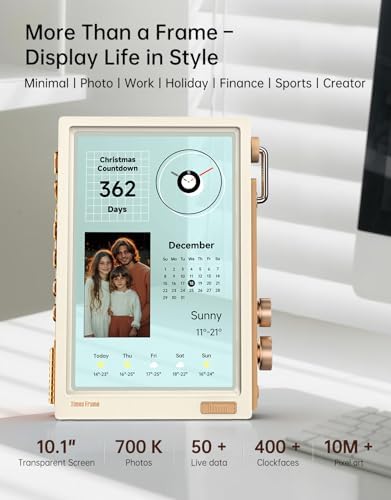 Divoom Times Frame-10.1 inç Dijital Resim Çerçevesi Şeffaf IPS Akıllı Linux OS RGBLED Döner Düğme WiFi 64GB 400+Saat Yüzleri Widget 50+API Beslemeleri Hediye Modu Piksel Sanat Topluluğu (Beyaz) - Görsel 2