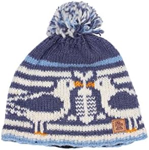 Women Wool Bobble Beanie Hat Handknitted Seagull Design Blue One Size Handmade Extra Warm Pachamama