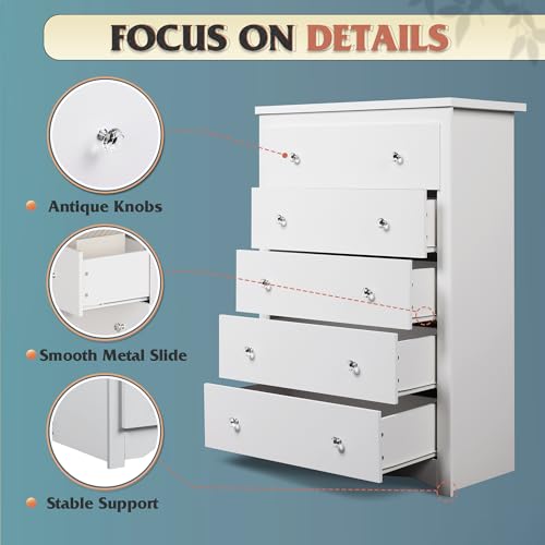 WLIVE White 5 Drawer Wood Dresser, Wooden Chest of Drawers for Bedroom, Storage Cabinet and Organizer Drawers for Living Room, Hallway, Closet, Measuring 15.75" W*31.50" D*45.35" H