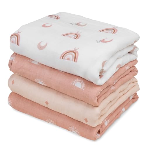 Image of GLLQUEN BABY Muslin Swaddle Blankets 4-Pack Breathable Receiving Blankets (35" x 40") Soft Baby Blankets for Girls and Boys Newborn Essentials Muslin Burp Cloths Swaddle Wrap Baby Gift (Sun)