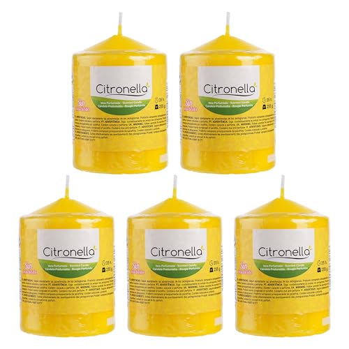 Pack de 5 Velas Aromáticas Citronela 255g, Velón Taco de Cera 35h Duración - Antimosquitos Naturales, Ideal para Jardín, Terraza, Camping y Barbacoas, 10 x 7 cm