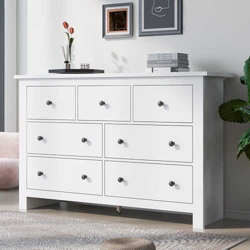 KAZZIO Armario moderno minimalista de gran capacidad para comedor con varios cajones, buffet, barra de café con 7 cajones para entrada, cocina, comedor y sala de estar (Blanco)