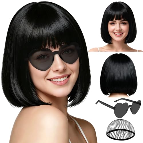PLULON Black Short Bob Wig with Bangs for Women Colorful Neon Short Bob Synthetic Hair Wigs with Hair Cap Heart Sunglasses for Adults Men Daily Bachelorette Halloween Costume Party Supplies