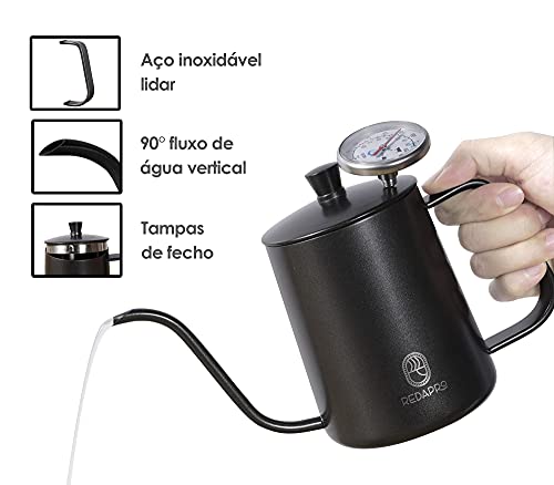 Cafeteira Chaleira Bico de Ganso de Café Com Termômetro, de Aço Inoxidável 600ml