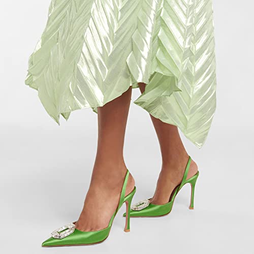 Vertundy Women's slingback Rhinestone Heels-Pointed Toe Satin Crystal Stiletto Wedding Bride Pump Shoes Sage Grass Green3