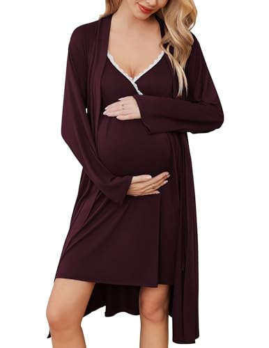 Image of Ekouaer Womens Maternity Nursing Gown and Robe Set Labor Delivery Nuring Nightgowns for Hospital Breastfeeding Robes