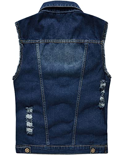Image of ebossy Men's Ripped Distressed Denim Vest Sleeveless Button Up Jean Vest Jacket (Medium, Denim Blue)
