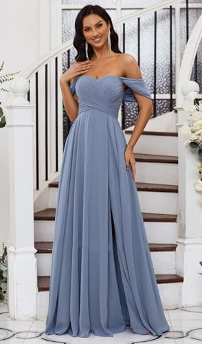 Off Shoulder Bridesmaid Dress with Slit Chiffon Prom Dresses Ruched V-Neck Formal Dress Long Party Gowns AKY0052