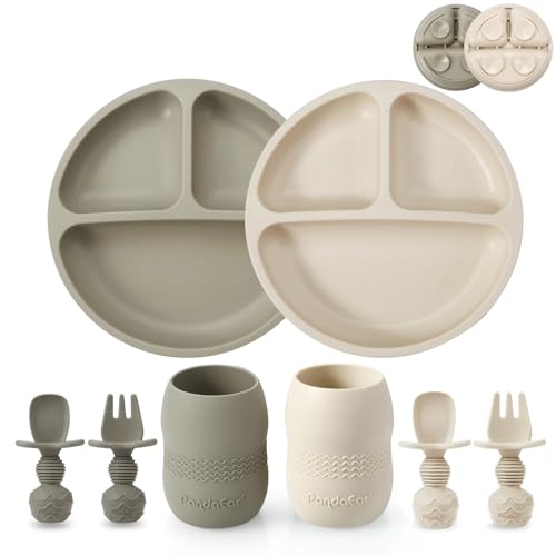 PandaEar Silikon-Babyfütterungsset, 2 Stück Silikon-Saugnapfteller und 2 kleine Becher mit 2 Löffeln, 2 Gabeln, Baby-LED-Entwöhnungszubehör, Selbstfütterungs-Utensilien (Leinen/Braun)