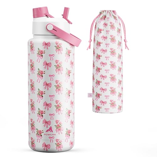Image of POWCAN 40 oz Insulated Water Bottle with 2-in-1 Straw and Spout Lid, Keep Cold 24H, Leak-Proof, BPA-Free, Double Wall Stainless Steel Water Bottle for Sports, Gym, Travel, Gift, Holiday (Rosy Bouquet)