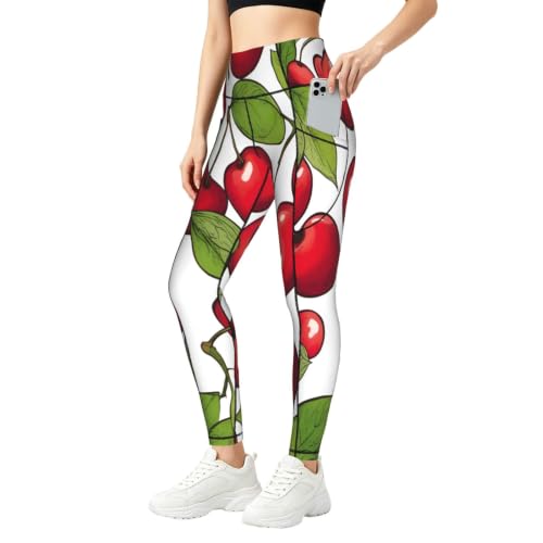 Pantalones de yoga elásticos con bolsillos y estampado premium de cerezas rojas