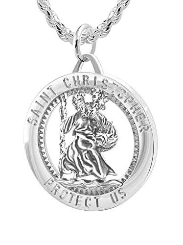 US Jewels and Gems Men's 0.925 Sterling Silver St Christopher Round High Polished Pendant Necklace, 25mm