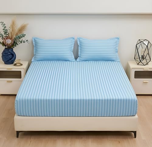 Image of VAS COLLECTIONS Premium 210 TC Cotton Satin Striped Elastic Fitted Bedsheets with 2 Pillow Covers | Double Bed with All Around Elastic Supersoft | Size - 78x72+10 inches, Aqua