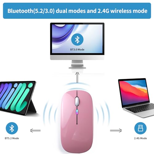 Image of Wireless Bluetooth Mouse, Rechargeable, LED, Silent, Ultra-thin Design (Bluetooth 5.2 and 2.4GHz USB Receiver) | Portable Computer Mouse for Laptops, iPads, MacBooks and Apple Devices (Rose gold)