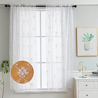 LIVETTY Original Net Curtains 72 Inch Drop Curtain 2 Panels Set Windows White Eyelet Curtain, Transparent Linen Style Voile Curtain 3D Floral Classic Embroidery for Bedroom, Living Room, Kitchen