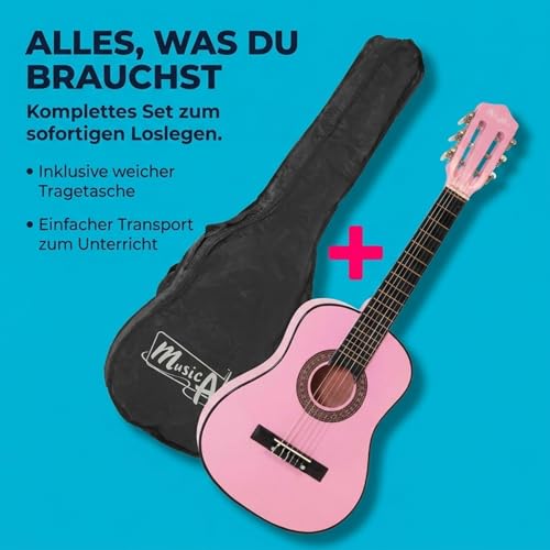 Music Alley MA-51 30 Zoll Junior Klassikgitarre für Kinder, Akustikgitarre mit Nylonsaiten, Tragetasche und Online-Unterricht, Rosa