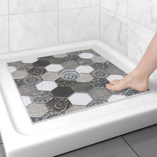 Image of Square Shower Mat Non Slip: 24x24 Inch Shower Floor Mat with Drain Hole in Middle, Super Soft and Comfortable PVC Loofah Massage Bath Mat for Shower, Anti Slip Shower Stall Mat, Quick Drying