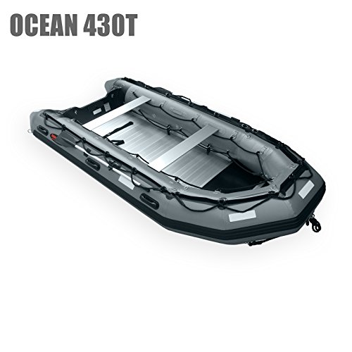 Seamax Ocean430T Commercial Grade Inflatable Boat, 14Ft. X 6.4Ft, 5 Pontoon Chambers, Aluminum Floor, V Bottom, Max Support 35Hp Motor, Coast Guard Standard Reflective Tapes, Multi-Purpose (Dark Grey) #TOP2