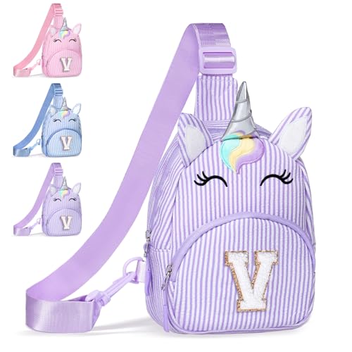 Image of COSHAYSOO Purple Girl Purse Unicorn Crossbody Sling Bag Small, Cute Easter Day Gifts for 3 4 5 6 7 8 9 10 Year Old Girls Easter Basket Stuffers Birthday Party Favor Girly Stuff Initial Letter V