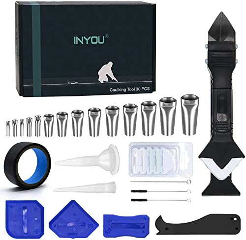 3 in 1 Caulking Tool Kit, 30 Pcs Silicone Caulking Finishing Tool Kit（stainless steelhead）, Caulking Remover and Glass Glue Angle Sealant Scraper Set for Kitchen Bathroom Window Sink Joint
